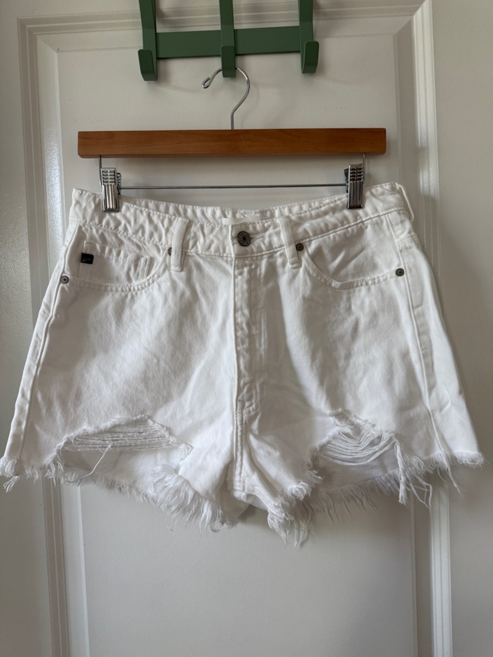 KanCan High Rise Distressed Denim Shorts in White